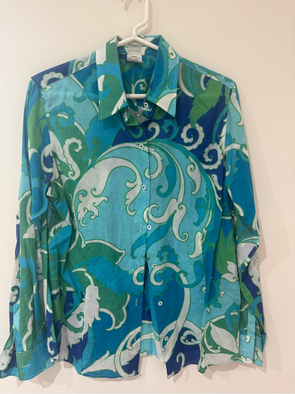 Craig Taylor Silk Blend Blue-Green Printed Button-Up Shirt